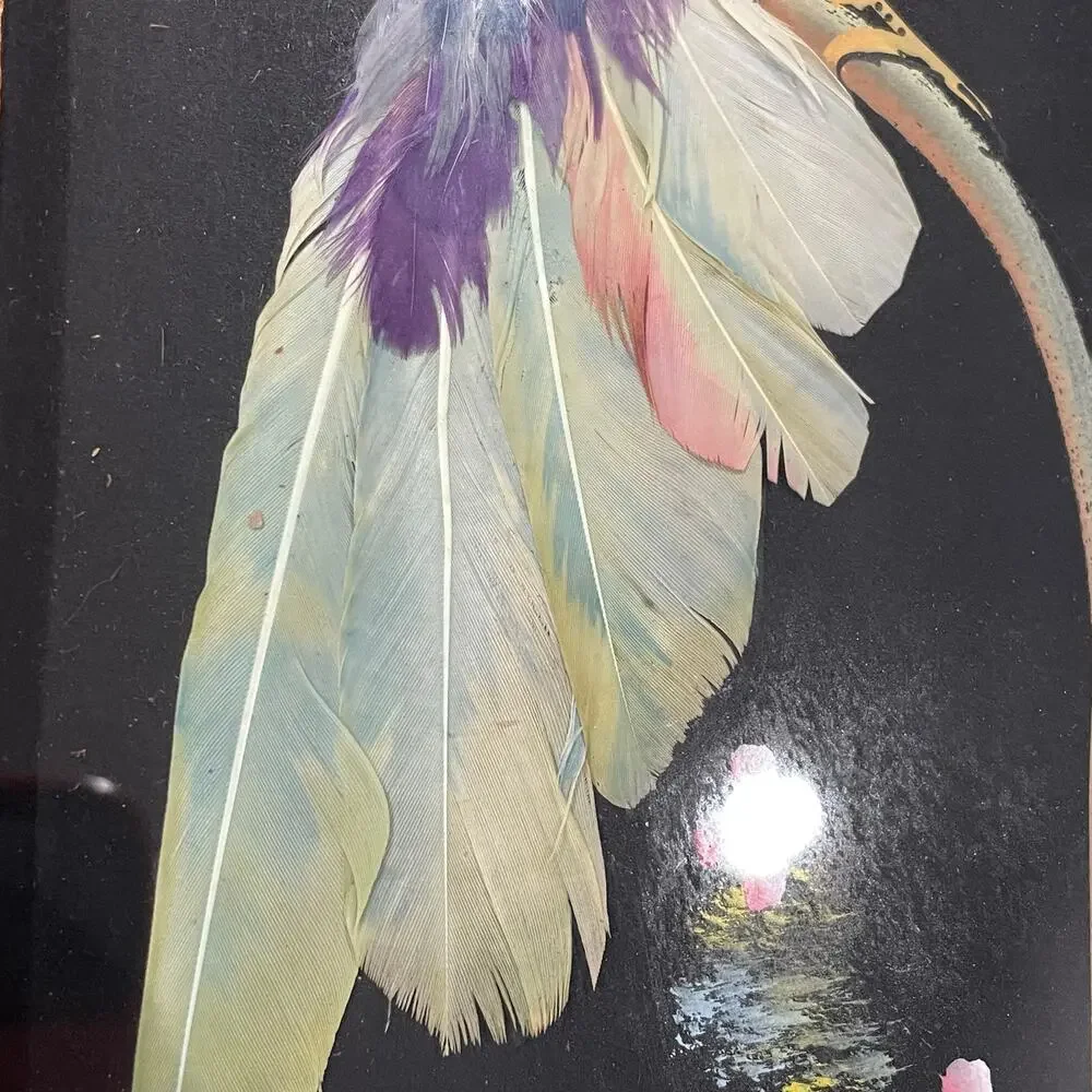 Vintage Mexican Feather Art Bird Hand Carved Wood Frame Folk Art Craft